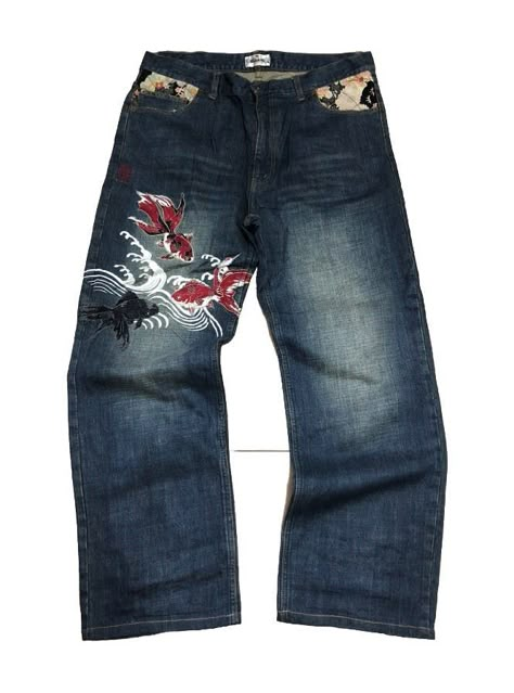 Size 38 Sukajan Koi Fish Embroidered Jeans Karakuri Tamashi Embroided Jeans, Japanese Jeans, Karakuri Jeans, Koi Fish Embroidery Jeans, Goldfish Rug, Koi Fish Tufted Rug, Japan Jeans, Koi Pond Rug, Evisu Jeans