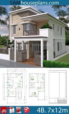 Home Design Plan 7x11m Plot 8x15 With 4 Bedrooms Home Designs Exterior, Two Story House Design, 2 Storey House Design, Two Story House, Duplex House Plans, Simple House Design, House Construction Plan, House Layout Plans, Model House Plan