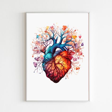 Anatomical Human Heart Art Print, Watercolor Heart Art With Flowers, Cardiology Office Decor Digital Download, Printable Medical Wall Decor Heart Anatomy Painting, Human Heart Painting On Canvas, Anatomical Heart Art Flowers, Cardiology Art, Anatomical Heart Art Unique, Human Heart Art, Human Heart Drawing Flowers Art Prints, Art With Flowers, Human Heart Anatomy