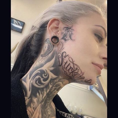 Female Front Neck Tattoo Ideas, Under Chin Tattoo Men, Letter Face Tattoo, Side Burn Tattoos For Women Face, Side Burn Tattoos For Women, Big Neck Tattoos Women, Chin Tattoo Woman, Under Chin Tattoos Women, Front Neck Tattoos Women