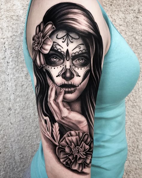 Day Of The Dead Woman Tattoo, Sugar Skull Sleeve Tattoos For Women, Candy Skull Tattoo For Women, Skull Woman Tattoo, Mexican Inspired Tattoos For Women, Half Woman Half Skull Tattoo, Day Of The Dead Tattoo Designs, Day Of The Dead Tattoos, Day Of The Dead Girl Tattoo