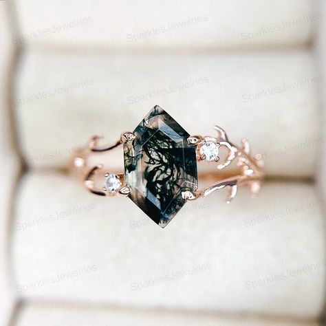 Ring Hexagon, Hexagonal Ring, Moss Agate Engagement Ring, Nature Inspired Rings, Branch Ring, Agate Engagement Ring, Moss Agate Ring, Cubic Zirconia Rings, Agate Ring