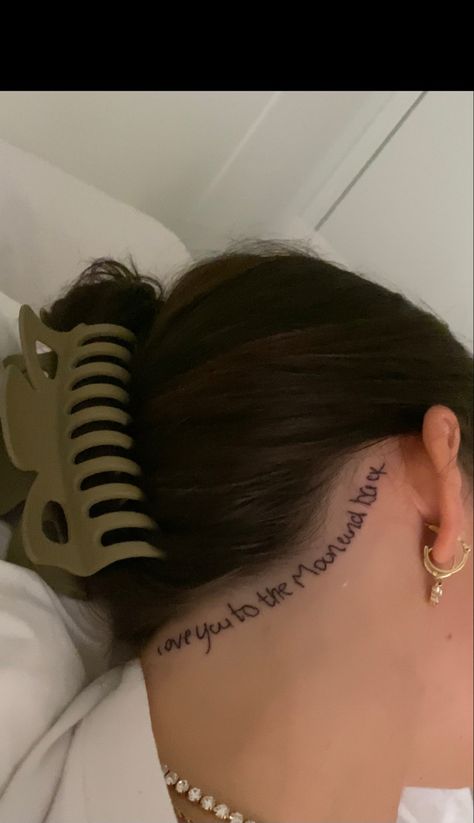 small hairline tattoo for my mama Hair Line Tattoo Neck, Cute Sideburn Tattoos For Women, Tattoos Under Chin, Neck Hairline Tattoos Women, Back Of Neck Hair Line Tattoo, Hairline Neck Tattoo, Under Chin Tattoo Woman Words, Back Of Neck Hairline Tattoos For Women, Hair Line Tattoos For Women