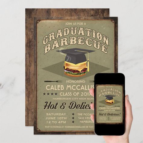 Graduation Invitations | BBQ Party Graduation Bbq, Graduation Invitations High School, Barbeque Party, Graduation Party High, Bbq Invitation, Retro Tin Signs, Graduation Invitation, Graduation Announcement, Go To School