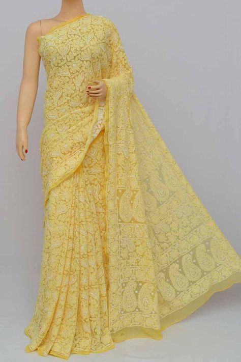 Lucknow Chikankari Sarees, Yellow Pink Saree, Chickenkari Saree, Light Yellow Saree, Yellow Color Saree, Saree For Wedding, Lehenga Designs Simple, Lime Yellow, Yellow Saree