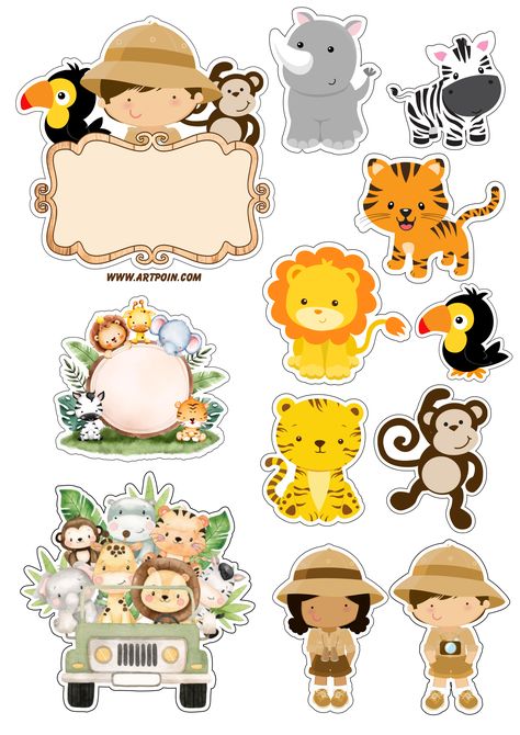 Milhares de arquivos incríveis, visite nosso site. Topper Safari, Jungle Animals Decorations, One Piece Birthdays, Safari Baby Animals, Vintage Safari, Safari Theme Party, Birthday Cake Topper Printable, Anime Cover Photo, Safari Party