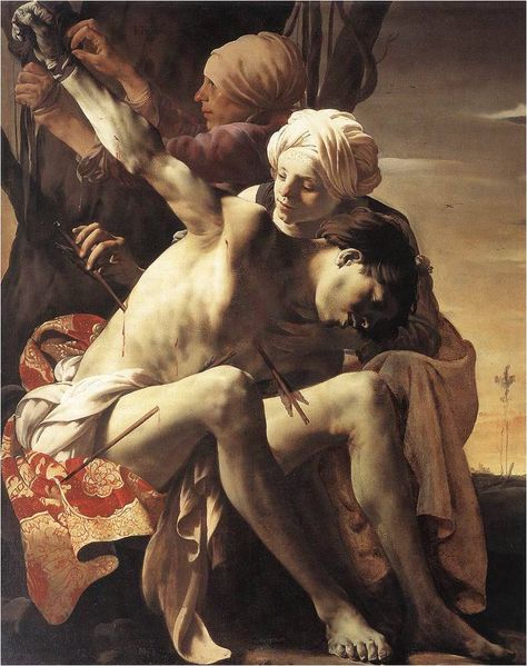 Hendrick ter Brugghen, St Sebastian  Tended by St Irene and her Maid, 1625 Allen Memorial Art Museum, Oberlin, Ohio Saint Sebastian, St Sebastian, Dutch Golden Age, New Retro Wave, Religious Painting, Johannes Vermeer, Dutch Painters, Italian Painters, Joan Miro