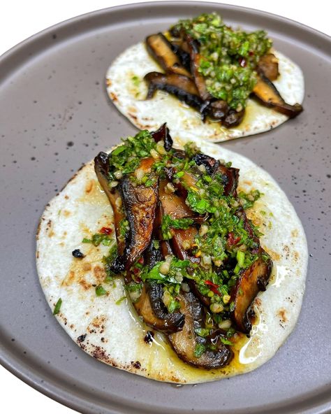 Portobello Mushroom Tacos with Chimichurri Sauce Cilantro Tacos, Portobello Mushroom Recipes, Mushroom Tacos, Vegan Soul Food, Grilled Portobello, Flour Tortilla, Steak And Mushrooms, Stuffed Portabella Mushrooms, Plant Based Dinner