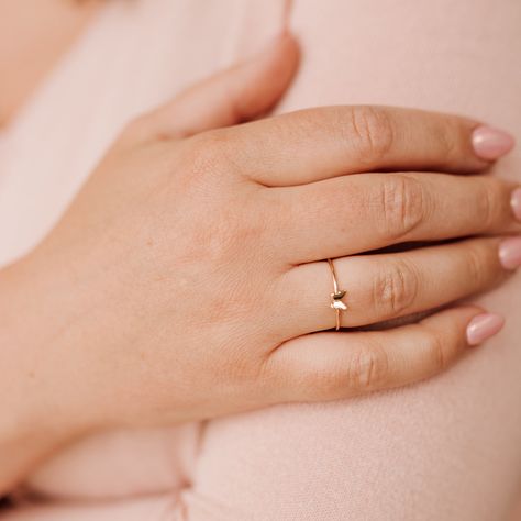 Shimmering wings, delicately perched on your finger 🦋 our graceful Tiny Butterfly Ring is sustainably handcrafted to order order, right here in our little studio! Check out the entire Butterfly Collection and our Butterfly Ring for a larger version of this ring! DETAILS Available in 14k gold filled, 14k rose gold filled, sterling silver, solid 14k yellow gold or solid 14k rose gold. The band is smooth and is approximately 1.4mm. The butterfly measures 5mm across. Each ring sold separately. Cute Ring Aesthetic, Last Finger Ring Design, Butterfly Ring Gold, Simple Gold Rings Everyday, Butterfly Rings Jewelry, Butterfly Gold Ring, Amazon Aesthetic, Simple Ring Design, Delicate Silver Rings