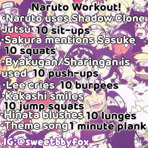 Made a Naruto workout to try to be fit while I sit around all day watching Naruto hahaha! Feel free to use and if you post please credit me  #Naruto #workout Instagram: @sweetbbyfox Naruto Workout, Tv Show Workouts, Movie Workouts, Tv Workouts, Superhero Workout, Summer Body Workouts, Fit Girl Motivation, Workout Games, Body Workout Plan