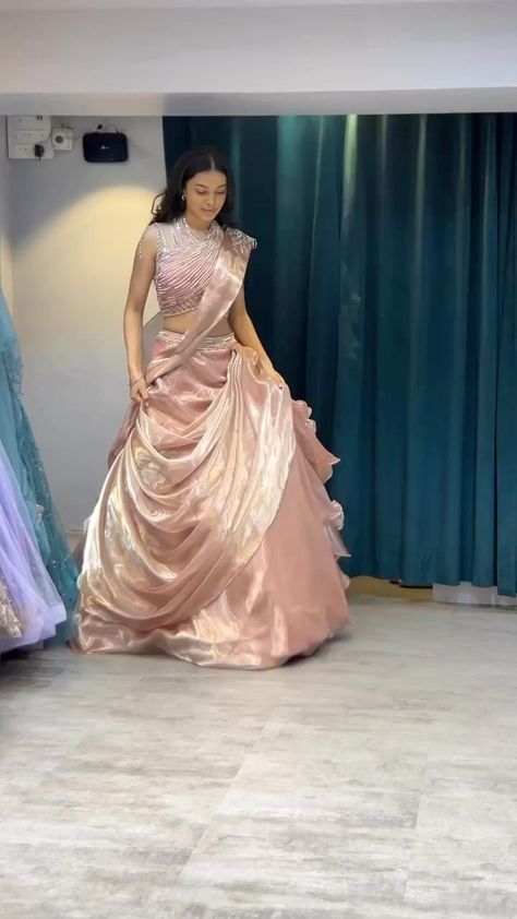 Simple Lehenga From Saree, Organza Ghagra Designs, Latest Ghagra Designs Party Wear, Organza Dress For Haldi, Stylish Gown Designs, Long Dresses Indian Style Party Wear, Indian Long Gowns Party Wear, New Style Saree Party Wear, Organza Party Dress