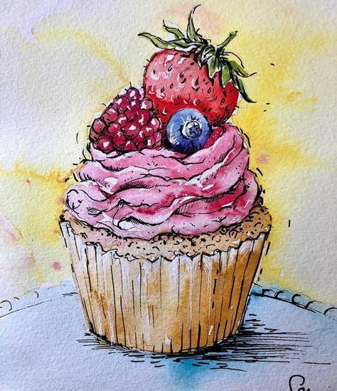 Cupcake Reference Photo, Water Colour Cakes Paintings, Watercolor Cupcake Painting, Watercolour Cake Painting, Muffin Sketch, Watercolour Cupcake, Cupcakes Art Drawing, Cupcake Watercolor, Baking Drawing