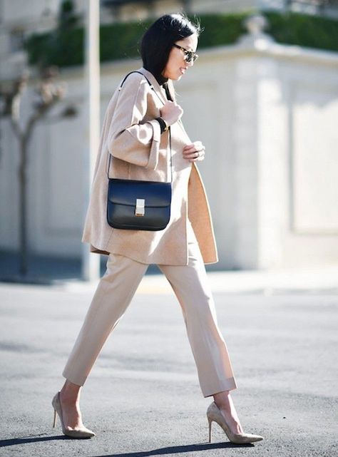 pale pink monochrome coat, trousers, and pumps. Celine Box Bag Outfit, Posh Woman, Celine Box Bag, Rose Outfit, Celine Box, Casual Attire For Women, Monochrome Style, Elegant Cocktail Dress, Monochromatic Outfit