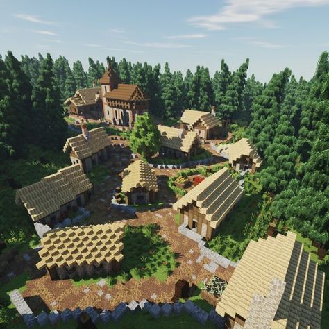 Minecraft Scandinavian Village, Small Medieval Castle Minecraft, Minecraft Forest Castle, Minecraft Dark Oak Village, Minecraft Mediterranean Village, Minecraft Medieval Village Ideas, Medieval Church Minecraft, Minecraft Village Square, Minecraft Forest Village