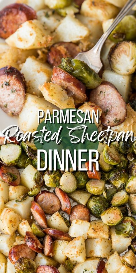 This Parmesan Roasted Sheet Pan Dinner is a complete meal all made on one pan! My kids go crazy for this simple summer dinner recipe! Sheet Pan With Potatoes, Beef Sausage Sheet Pan Dinner, Gluten Free One Pan Dinners, 2 People Meals Recipes, Quick One Pan Dinner, Sheet Pan Dinners For One, One Pan Sheet Dinners, Summer Sheet Pan Dinner Ideas, Summer Sheet Pan Dinners