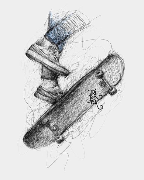 scribble art Skateboard Sketch Drawing, Skateboard Art Draw, Skateboarder Illustration, Skateboard Drawings, Scribbled Art, Skateboarding Drawing, Draw Your Day, Skater Illustration, Drawing Skateboard