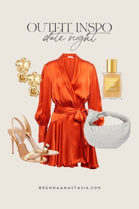 Date night outfit inspiration for summer! Love this orange satin dress paired with gold heels! #LTKFind #LTKSeasonal #LTKstyletip Burnt Orange Clothing, Orange Satin Dress Outfit, Orange And Gold Outfit, Burnt Orange Dress Outfit, Gold Heels Outfit, Orange Dress Outfits, Orange Party Dresses, Orange Satin Dress, Satin Dress Outfit