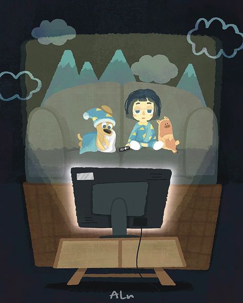 Watching Tv Illustration Art, Forest Illust, Watching Tv Drawing, Watching Tv Illustration, Dog Watching Tv, Tv Cartoon, Sugarcane Juice, Night Illustration, Collage Ideas