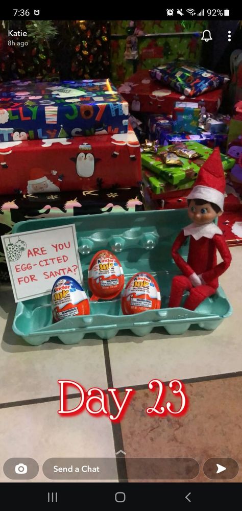 Kinder Egg Elf On The Shelf, Elf Kinder Egg, Elf On The Shelf Inspiration, Elf On The Shelf Kinder Egg, Elf Stuff, Elf Shenanigans, Kinder Egg, Shelf Inspiration, Christmas Decorations Apartment