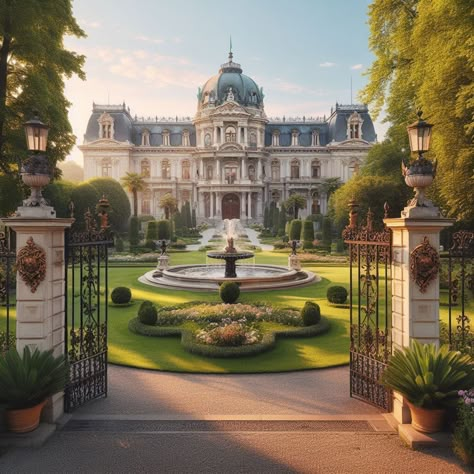 Palace Aesthetic Exterior, Fantasy Palace Exterior, Royal Mansion Exterior, Royal Palace Exterior, Royality Aesthetics, Mansion Courtyard, Castle Driveway, Castle Outside, Palace Exterior