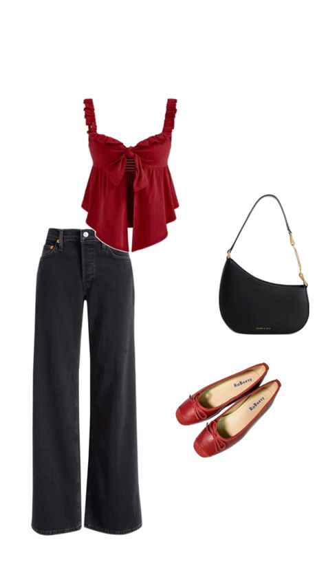 Black wide leg jeans, red top, cute top, ballet flats, red flats, red ballet shoes, black bag, black asymmetrical bag, casual outfit, Black wide leg trousers, red crop top Jean Outfit Aesthetic, Black Wide Leg Jeans Outfit, Date Outfit Aesthetic, Outfit Ballet Flats, Black And Red Outfit, Casual Outfit Aesthetic, Red Top Outfit, Black Wide Leg Jeans, Jean Outfit