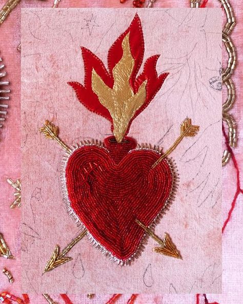 Flag Diy Projects, Millie Amber, Heart Graphic Design, Mexican Graphic Design, Pretty On The Inside, Sacred Heart Art, Heart In Hand, Applique Wall Hanging, Vintage Velvet