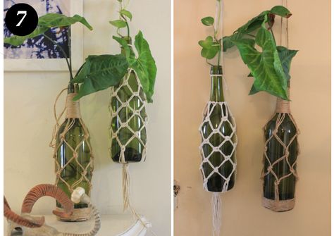 7 Macrame Bottle Plant Hanger, Macrame Bottle Hanger, Macrame Wine Bottle Holder, Wine Bottle Holder Diy, Macrame Bottle Holder, Macrame Bottle, Plants In Bottles, Macrame Wall Hanging Patterns, Diy Yarn Crafts