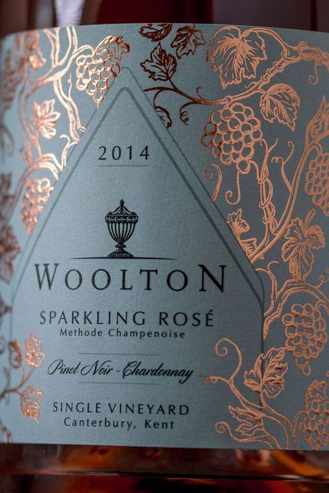 Woolton Farm has a beautiful vineyard from which they make highly exclusive and absolutely stunning sparkling rosé wine.We wanted to take everything that was unique about this wine and turn it into an equally high quality, premium label. As a single vin… Wine Label Illustration, Metallic Packaging, Rose Packaging, Wine Label Inspiration, Wine Pattern, Wine Bottle Label Design, Wine Label Template, Negroni Cocktail, Wine Packaging Design