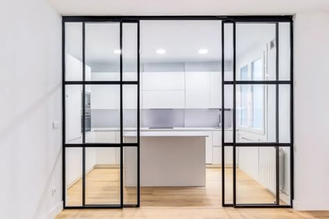 aluco interior steel-look sliding doors 5 Divider Wall Ideas, Crittall Doors, Sliding Door Room Dividers, Sliding Doors Internal, Crittal Doors, Kitchen Sliding Doors, Interior Glass Doors, Room Divider Wall, Open Space Living Room