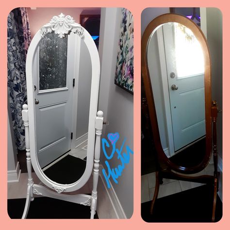 Thrift store cheval dressing mirror makeover.Transformed from plain to beautiful by adding moldings and painting white. FYI Top molding is Ekena Millwork ONL 10X05X01GL 10 5/8" W × 5 1/4" H × 1/4" H × 7/8" P Gladstone Center Onlay Cheval Mirror Makeover, Mirror Update, Palace Room, Headboard Makeover, Diy Mirror Decor, Diy Mirrors, Swivel Mirror, Old Headboard, Mirror Makeover