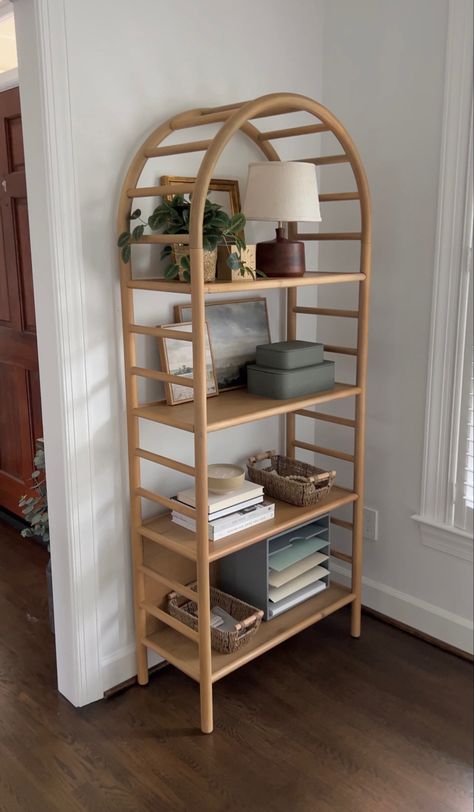 Bookcase, shelf styling, home office, office decor, neutral aesthetic, neutral spaces, interiors, simplicity Book Shelf Ideas Bedroom, Arched Bookcase, 70s Interior, Bookcase Diy, Easy Room Decor, Dream Apartment Decor, Apartment Decor Inspiration, Cozy Living Rooms, Apartment Living