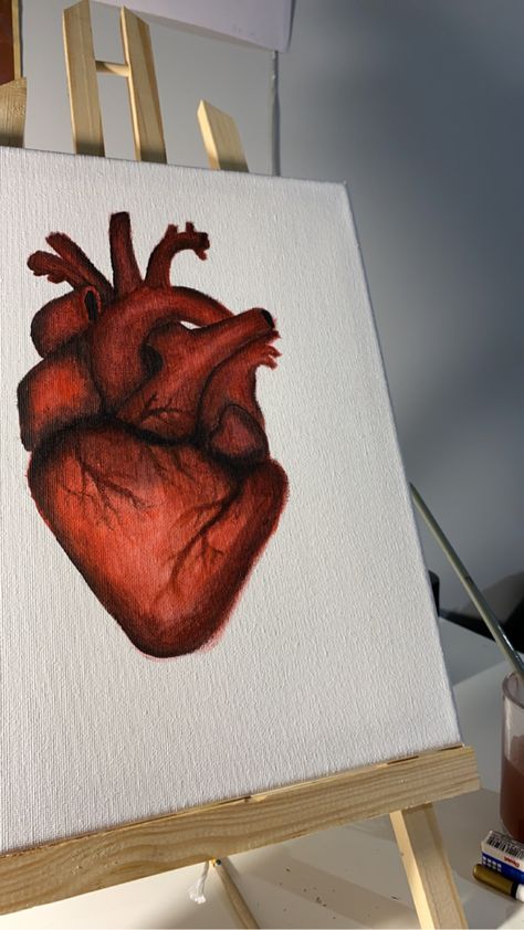 Anatomical Heart Painting Acrylics, Paintings For Grandma Canvases, Paintings That Represent Heartbreak, Heart Painting Easy, Real Heart Painting, Heart Painting Tutorial, Realistic Heart Painting, Heart Oil Pastel, Human Heart Painting