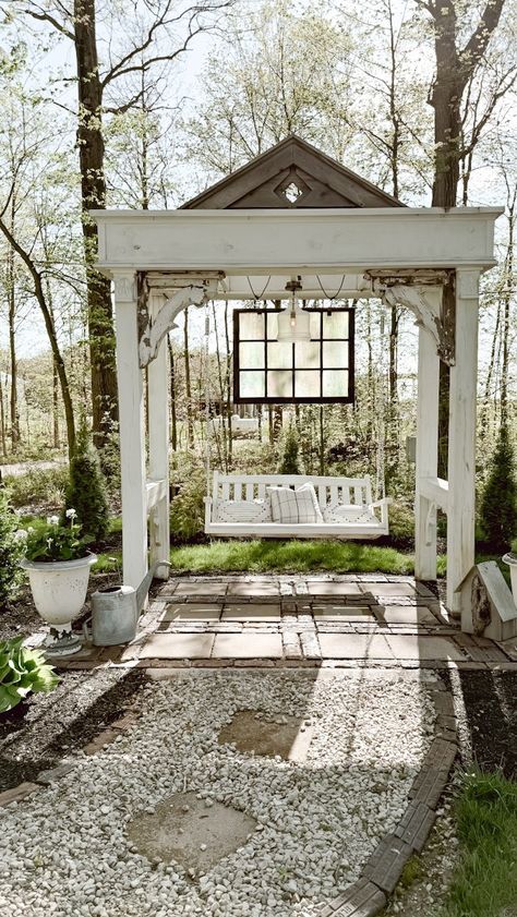 Do you remember this pergola swing project? And do you believe this was almost 3 years ago. It’s still one of my favorite places to sit and relax. Time flies! And… this song is one of my faves. It brings back lots of memories. #pergola #porchswing #porchswings Fire Pit In The Woods, In The Air Tonight, Home In The Woods, Pergola Swing, Round Fire Pit, Fire Pit Accessories, White Spray Paint, Pergola Ideas, Fire Pit Area