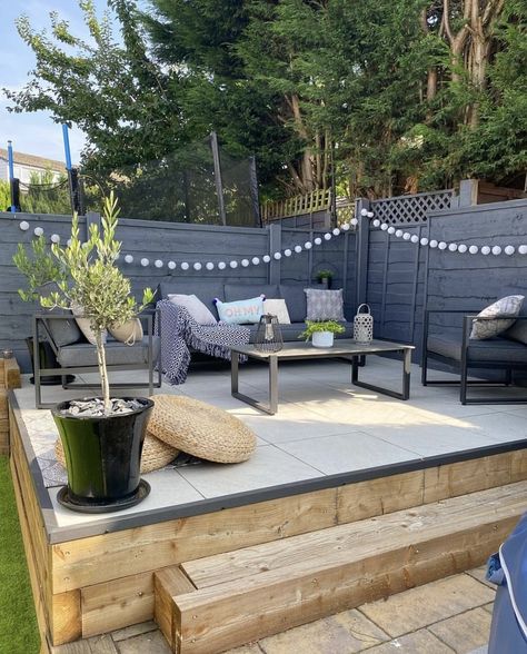 Raised Garden Patio Ideas, Small Decked Area, Raised Porcelain Patio, Small Decking Area, Raised Decking Ideas Garden, Raised Decking Ideas, Raised Patio Ideas, Sloped Garden Ideas, Raised Decking