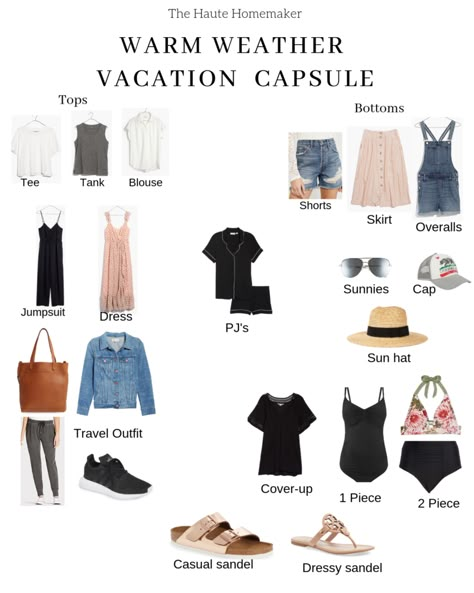 What to Pack: Warm Weather Vacation Capsule - The Haute Homemaker Travel Capsule Wardrobe Beach, Capsule Wardrobe Florida Vacation, Cancun Capsule Wardrobe, Capsule Wardrobe For Cruise, Capsule Packing Summer, Hawaii Capsule Wardrobe, Tenerife Outfit Ideas, Warm Weather Capsule Wardrobe, Beach Vacation Capsule Wardrobe