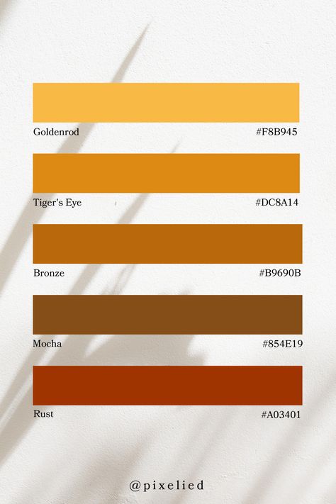 Bask in the rich hues of a fiery sunset with this warm palette: Goldenrod beams with golden warmth, Tiger's Eye glows with amber allure, Bronze adds a touch of antiquity, Mocha offers a comforting richness, while Rust ignites with the intensity of autumn leaves. Amber Color Palette, Amber Palette, Color Scheme Generator, Earth Colour Palette, Tone Color Palette, Idea Generation, Earth Tone Color Palette, Color Generator, Fiery Sunset