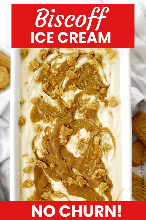 Swirled ice cream in a white rectangle loaf pan with biscuits and an ice cream scoop. Biscoff Desserts, Cookie Butter Ice Cream, Biscoff Ice Cream, Easy Homemade Ice Cream, Churn Ice Cream, Gourmet Ice Cream, Butter Ice Cream, Biscoff Cheesecake, Biscoff Cookie Butter