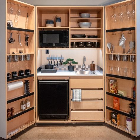 The Armoire Kitchen: Innovative Design for Small Space Living - Living in a shoebox Armoire Kitchen, Tiny House Space Saving Ideas, Small Apartment Ideas Space Saving, Micro Kitchen, Small Kitchenette, Tiny Kitchen Design, Senior Living Facilities, Space Saving Kitchen, Tiny Apartments