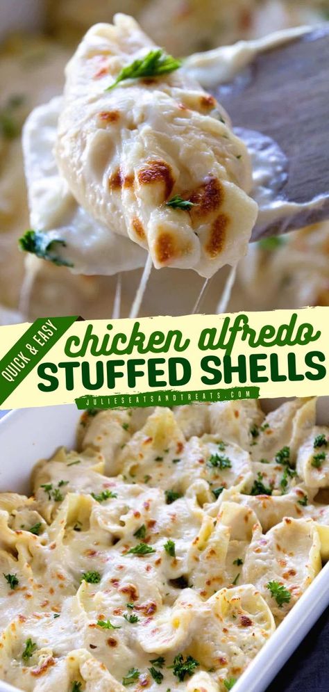 CHICKEN ALFREDO STUFFED SHELLS, pasta recipes, easy dinner ideas Stuffed Shells No Ricotta Cheese, Stuffed Shells White Sauce, Jumbo Shell Recipes, Pasta Shells Stuffed, Homecoming Dinner, Chicken Alfredo Stuffed Shells, Alfredo Stuffed Shells, Leftover Ideas, Shells Stuffed