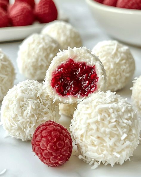 No-Bake Raspberry Coconut Balls – Easy, Delicious Treats Raspberry Coconut Balls, Raw Sweets, Coconut Roll, Pecan Cheesecake, Coconut Balls, Fruity Treats, Raspberry Coconut, Raspberry Almond, Homemade Cupcakes