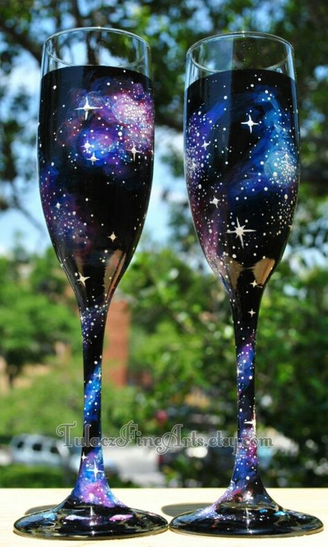 Painted Galaxy, Glasses Bride, Science Wedding, Nerd Wedding, Galaxy Wedding, Nerdy Wedding, Starry Night Wedding, Bride And Groom Glasses, Toasting Flutes Wedding