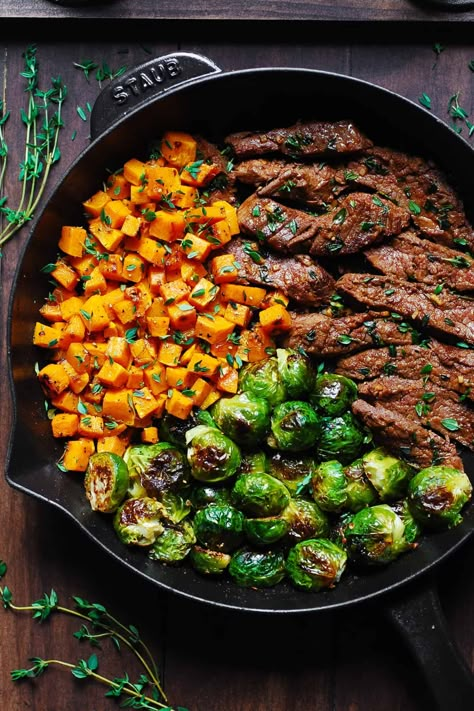 Fiber Veggies, Brussels Sprouts And Butternut Squash, Brussels Sprouts And Sweet Potatoes, Butter Steak, Garlic Butter Steak, Meat And Vegetables, Chicken Easy, Health Dinner, Health Dinner Recipes