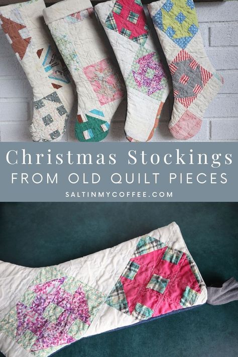 Quilt Christmas Stockings Diy, Quilt Wedding Decorations, Christmas Stocking From Old Quilt, Christmas Trees Made From Old Quilts, Christmas Stockings From Old Quilts, Diy Quilt Stocking, Repurposed Vintage Quilts, Repurpose Old Quilts Ideas, Upcycled Vintage Quilts