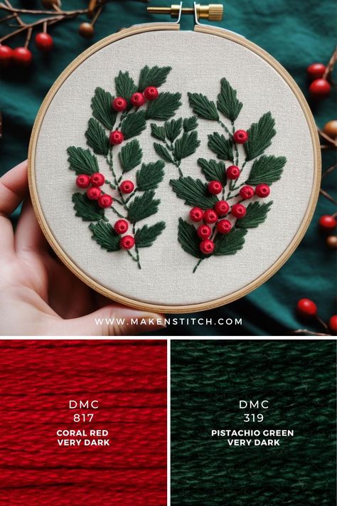 Embroidery Patterns Tutorials, Red And Green Color Palette, Dark Green Rooms, Palette Green, Christmas Mistletoe, Anchor Threads, Project Red, Green Color Palette, Scrapbook Organization