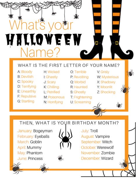 Halloween What's Your Name Game printable is a spooky amount of fun for your next Halloween party. #halloweenprintable #halloweengame What’s Your Name Game, What’s Your Halloween Name, Halloween Party Game Ideas, Halloween Homeschool, Halloween Gala, Animals Name List, Halloween Party Games For Kids, Name Activities Preschool, Feelings Games