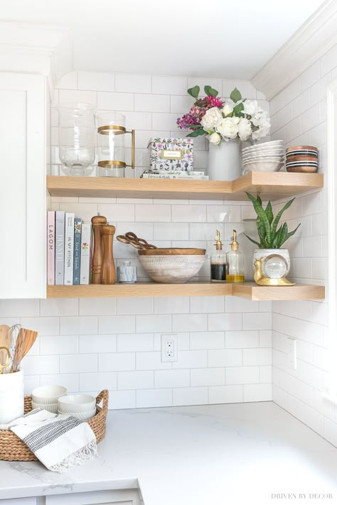 What we keep on the floating corner shelves in our kitchen! #shelves #cornershelves  #shelf Bulk Barn, Floating Corner Shelves, Kitchen Shelving, White Kitchen Remodeling, Open Kitchen Shelves, Floating Shelves Diy, Estantes Flotantes, Kitchen Organizer, Open Shelves