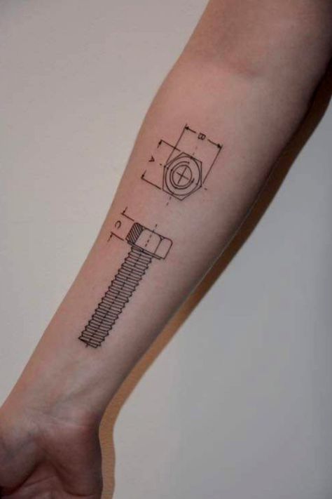 Technical Tattoo, Blueprint Tattoo, Screw Tattoo, Moving On Tattoos, Drum Tattoo, Science Tattoo, Science Tattoos, Mechanic Tattoo, Bunny Tattoos