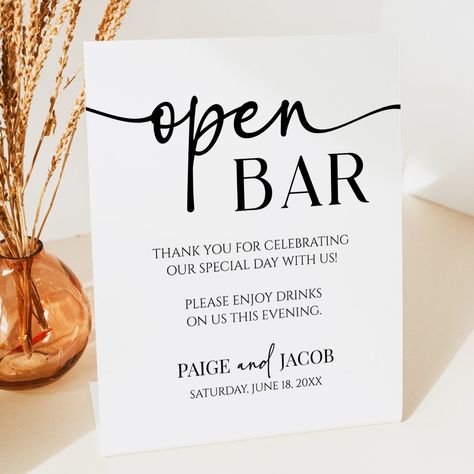 Elegant Modern Minimalist Wedding Open Bar Open Bar Sign Wedding, Bar Set Up For Wedding, Open Bar Ideas, Wedding Reception Bar Ideas, Open Bar Wedding Sign, Wedding Open Bar, Open Bar Wedding, Bar Wedding Reception, Open Bar Sign