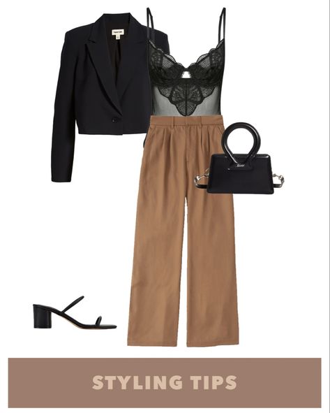 I Night Out Outfit Trousers, Wide Leg Pants Going Out Outfit, Blazer And Lace Bodysuit Outfit, Wide Leg Trousers Outfit Night Out, Brown Long Sleeve Blazer For Night Out, Spring Party Brown Bodysuit, Brown Spring Party Blazer, Chic Brown Blazer For Night Out, Brown Wide Leg Trousers Outfit