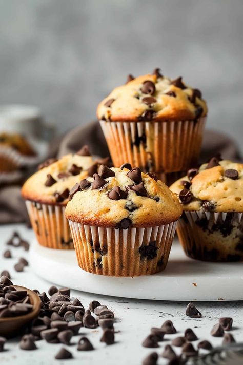 Vegan Chocolate Chip Muffins - The Daily Dish Kodiak Chocolate Chip Muffins, Choclate Chip Muffins, Chocolate Chip Muffins Vegan, Vegan Banana Chocolate Chip Muffins, Vegan Chocolate Chip Muffins, Chocolate Chip Muffins Easy, Choc Chip Muffins, Dairy Free Muffins, Dairy Free Baking